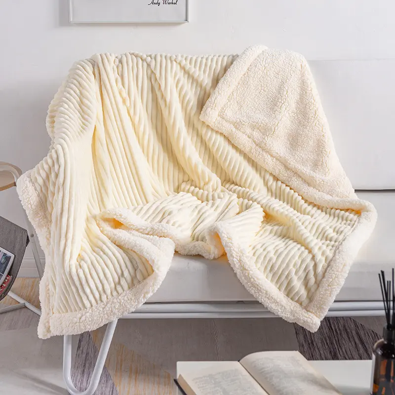 Hot Selling Thickened Double Layer Solid Color Striped Lamb Velvet Flannel Drawn Blanket Nap Air Conditioning Blanket