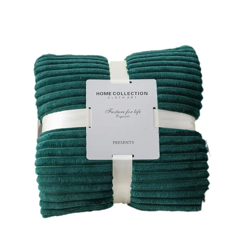 Hot Selling Thickened Double Layer Solid Color Striped Lamb Velvet Flannel Drawn Blanket Nap Air Conditioning Blanket