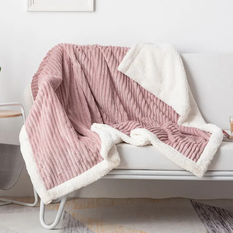 Hot Selling Thickened Double Layer Solid Color Striped Lamb Velvet Flannel Drawn Blanket Nap Air Conditioning Blanket