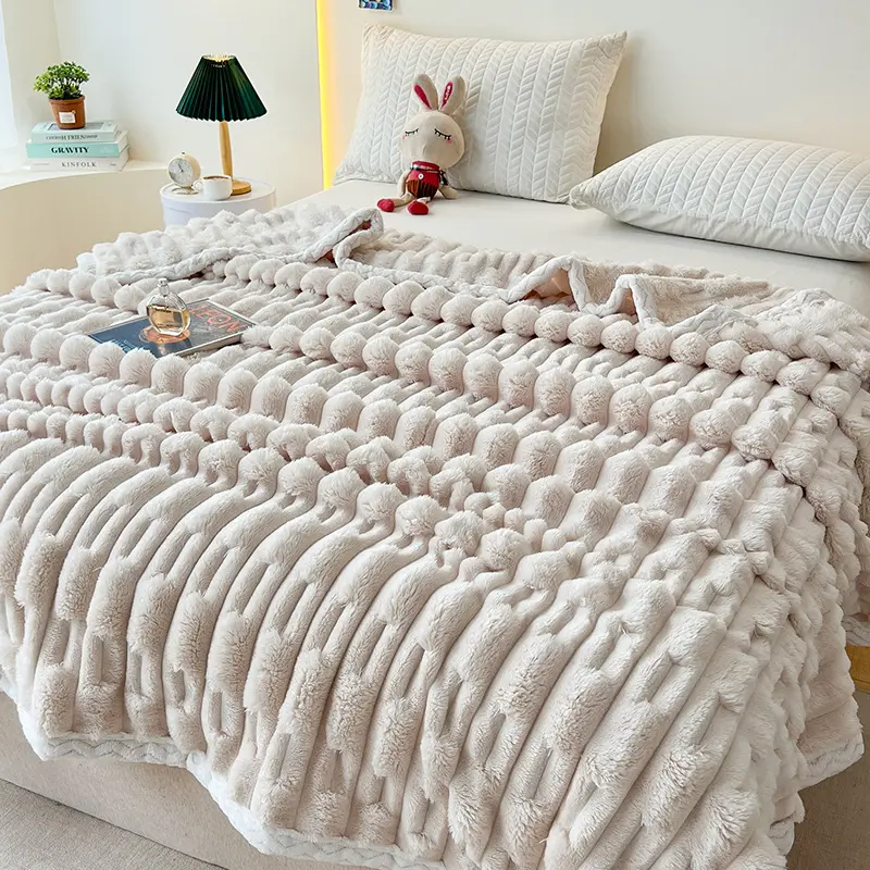 Nordic Solid Thickened Imitation Rabbit Fur Plush Sofa Blanket Warm Flannel Pink Throw Milk Cover Blanket TV Blankets Decorative