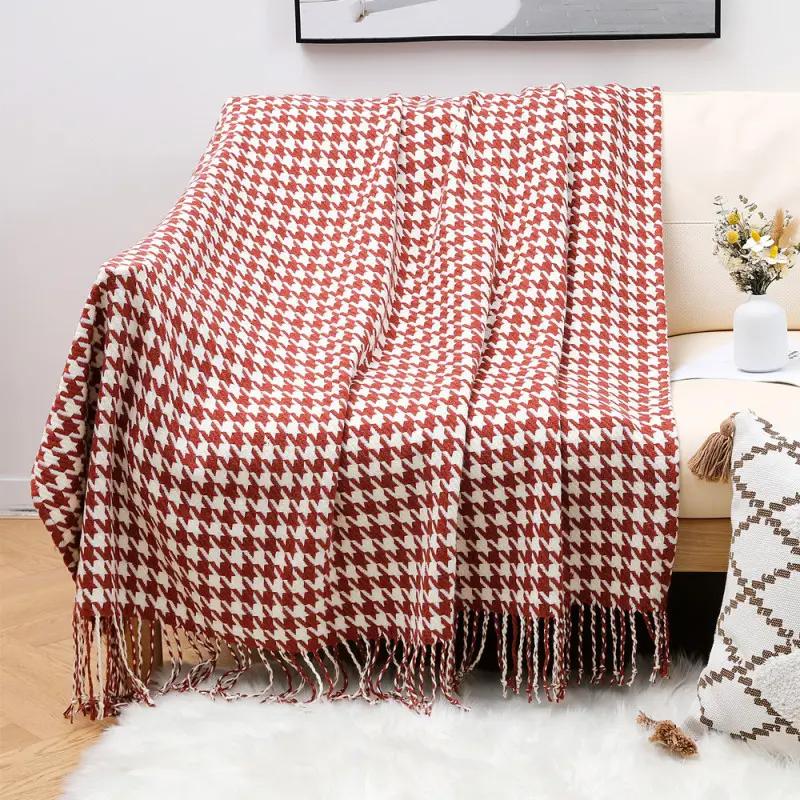 Modern Simple Throw Blanket Black and White Houndstooth Decor Sofa Blanket Homestay Hotel Bed Towel Bed Flag Soft Scarf Tassel