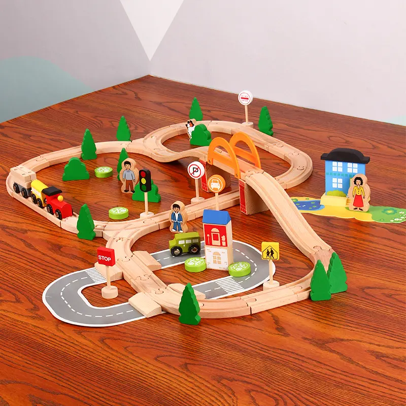 78 Pieces Of Wooden Train Track Set Children's Toys Building Combination Scene Model Compatible With Train Track Puzzle  PD35