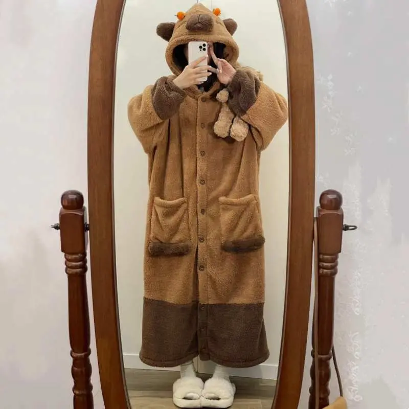 Hot Capybara Winter Pajama Cartoon Cute Animal Soft Plush Jumpsuit For Adults Kawaii Velvet Pajama Night Robe Cosplay Suit Gift