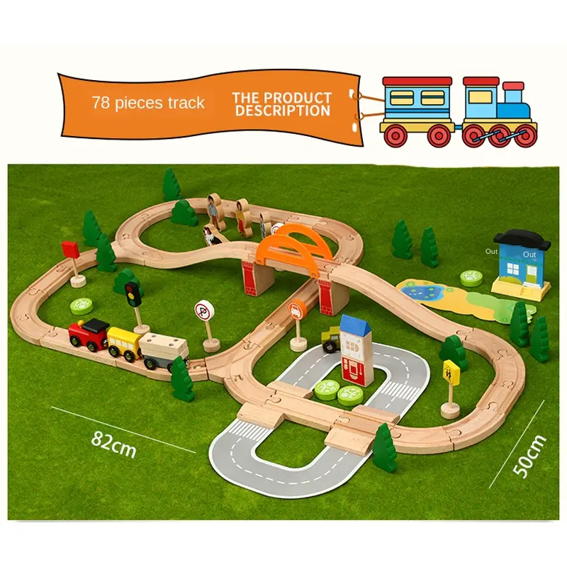 78 Pieces Of Wooden Train Track Set Children's Toys Building Combination Scene Model Compatible With Train Track Puzzle  PD35
