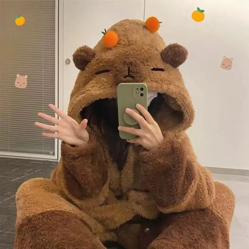 Hot Capybara Winter Pajama Cartoon Cute Animal Soft Plush Jumpsuit For Adults Kawaii Velvet Pajama Night Robe Cosplay Suit Gift