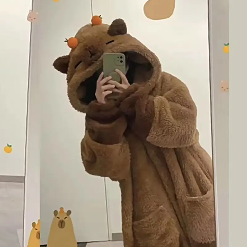 Hot Capybara Winter Pajama Cartoon Cute Animal Soft Plush Jumpsuit For Adults Kawaii Velvet Pajama Night Robe Cosplay Suit Gift