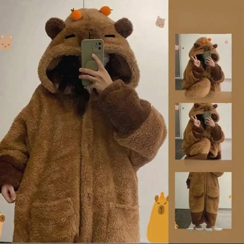 Hot Capybara Winter Pajama Cartoon Cute Animal Soft Plush Jumpsuit For Adults Kawaii Velvet Pajama Night Robe Cosplay Suit Gift