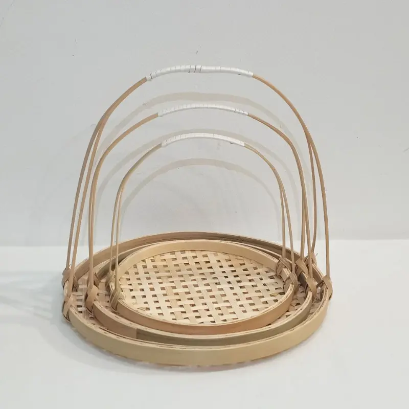 Bamboo Picnic Food Serving Basket Anti Flies Insect Net Cover Bread Fruit Tray Dustproof basket with net dish cover cocina