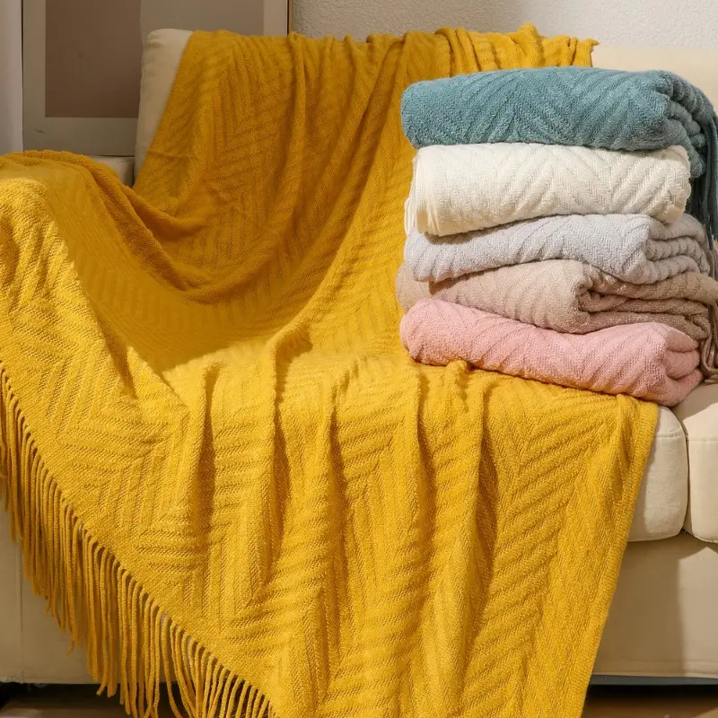 Textile City Ins American Vintage Tassel Knitted Throw Blanket Home Decor Sofa Cover Plaid Jacquard Quality Acrylic Warm Blanket