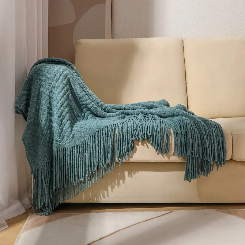 Textile City Ins American Vintage Tassel Knitted Throw Blanket Home Decor Sofa Cover Plaid Jacquard Quality Acrylic Warm Blanket
