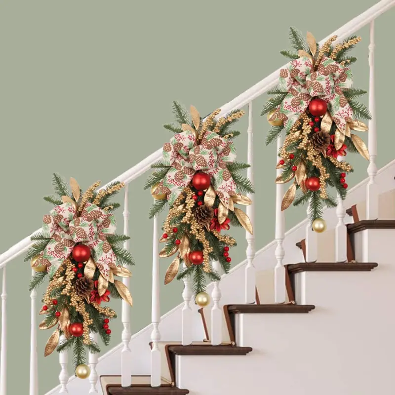 Christmas Wreath European and American Wall Hanging Inverted Tree Golden Red Atmosphere Staircase Door Hanging Ornament