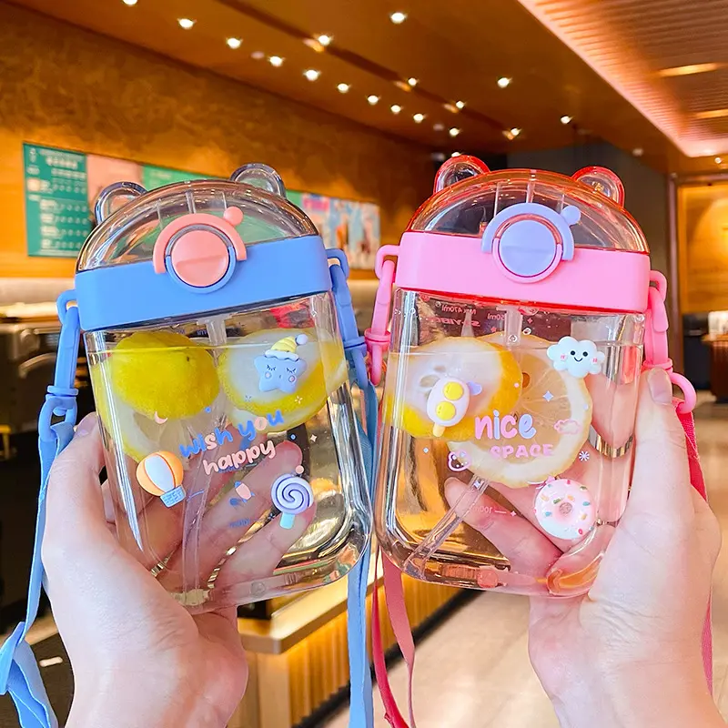470ml Cartoon Childrens Straw Cup With Adjustable Straps Portable Outdoor Sports Seal Leak Proof Cute Kids Little Bear Gifts Cup