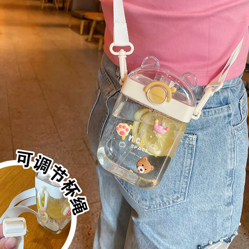 470ml Cartoon Childrens Straw Cup With Adjustable Straps Portable Outdoor Sports Seal Leak Proof Cute Kids Little Bear Gifts Cup
