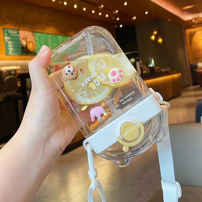 470ml Cartoon Childrens Straw Cup With Adjustable Straps Portable Outdoor Sports Seal Leak Proof Cute Kids Little Bear Gifts Cup