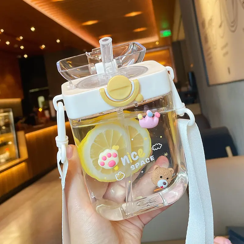 470ml Cartoon Childrens Straw Cup With Adjustable Straps Portable Outdoor Sports Seal Leak Proof Cute Kids Little Bear Gifts Cup
