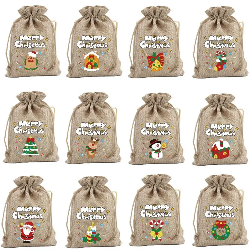 12pcs Christmas Linen Drawstring Bags Candy Biscuits Pouchs Burlap Bracelet Jewelry Storage Bags Xmas Kids Gift Packaging Bags