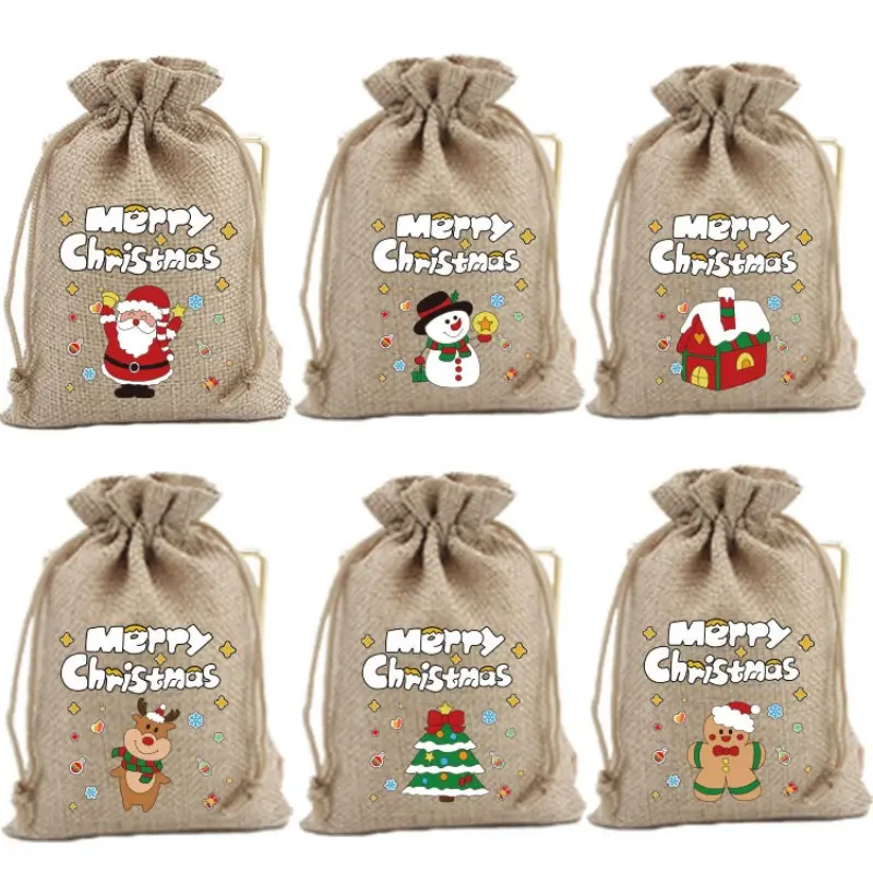 12pcs Christmas Linen Drawstring Bags Candy Biscuits Pouchs Burlap Bracelet Jewelry Storage Bags Xmas Kids Gift Packaging Bags