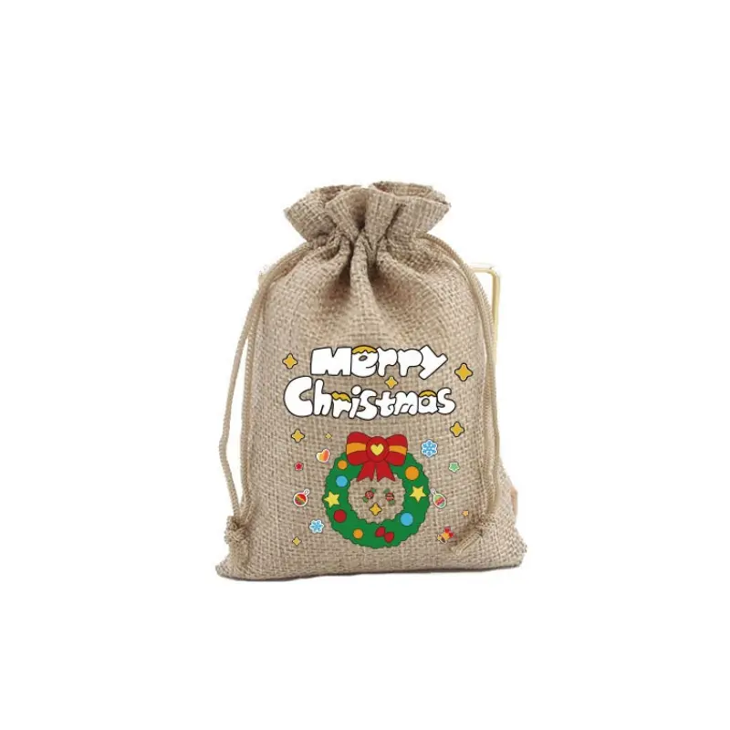 12pcs Christmas Linen Drawstring Bags Candy Biscuits Pouchs Burlap Bracelet Jewelry Storage Bags Xmas Kids Gift Packaging Bags