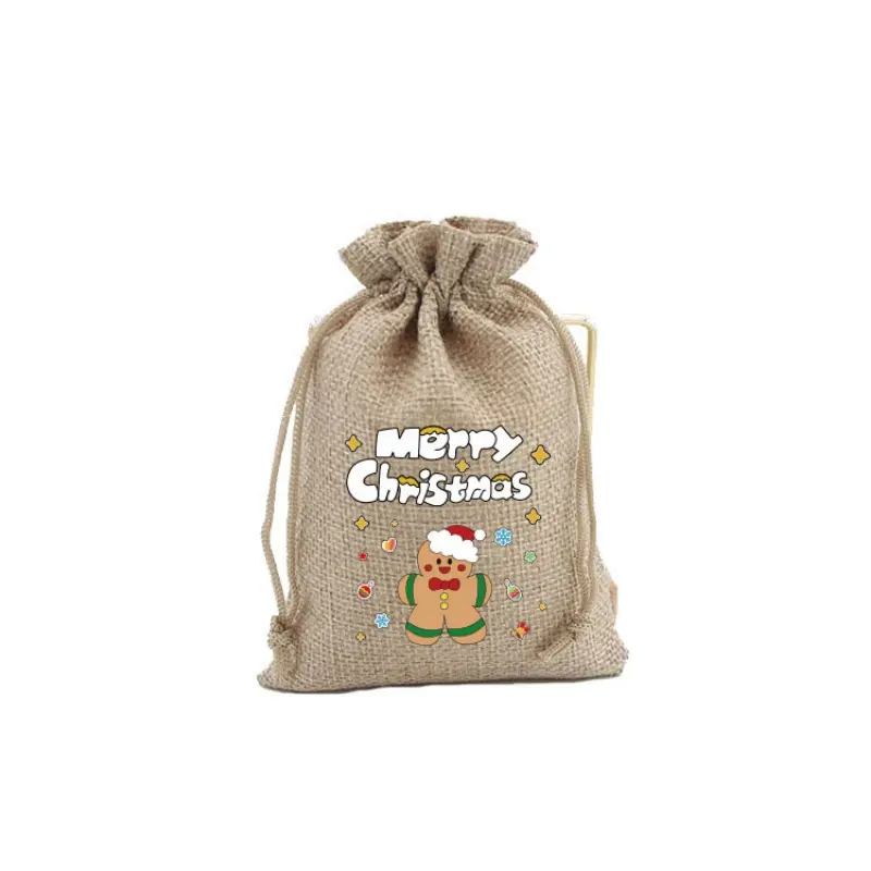12pcs Christmas Linen Drawstring Bags Candy Biscuits Pouchs Burlap Bracelet Jewelry Storage Bags Xmas Kids Gift Packaging Bags