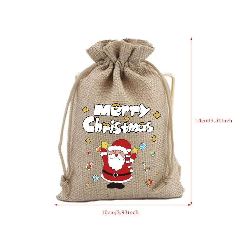 12pcs Christmas Linen Drawstring Bags Candy Biscuits Pouchs Burlap Bracelet Jewelry Storage Bags Xmas Kids Gift Packaging Bags