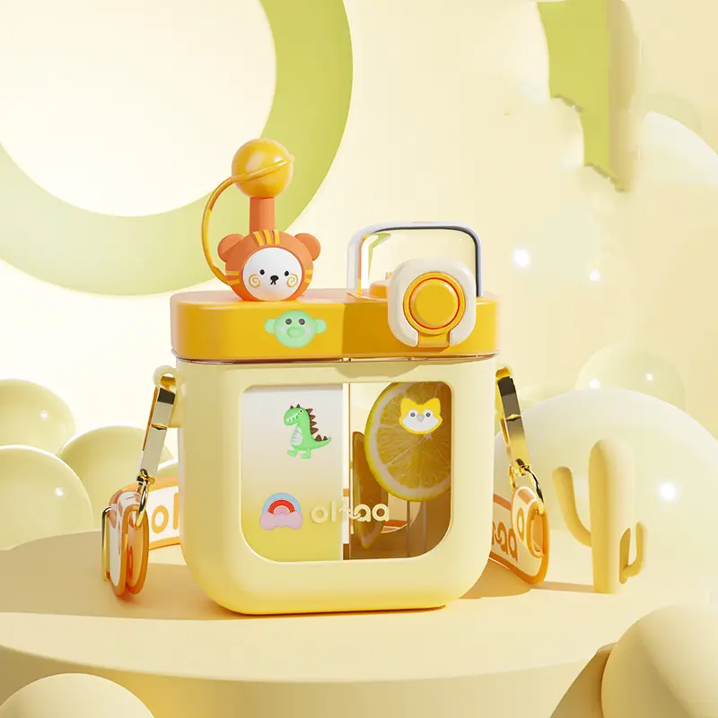 580 ML Kawaii Flat Water Bottles For Girls Kids Cute Plastic Double Drink Bottle With Strap Straw Filter BPA Free