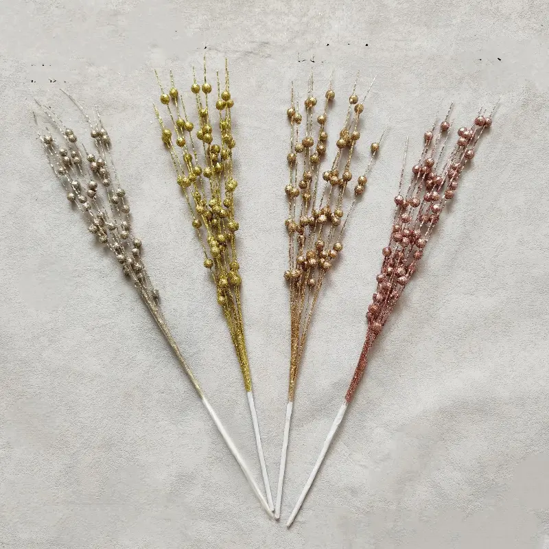 10Pcs Glitter Berry Leave Christmas Tree Decoration Dried Branch Coral Golden Powder Flower Source Material New Year Party