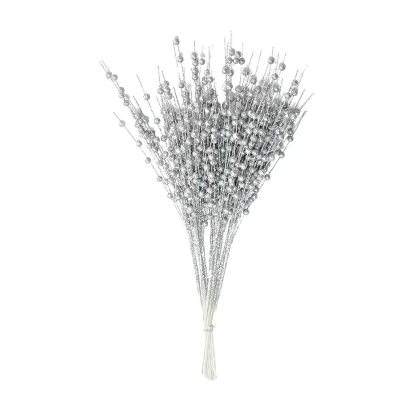 10Pcs Glitter Berry Leave Christmas Tree Decoration Dried Branch Coral Golden Powder Flower Source Material New Year Party