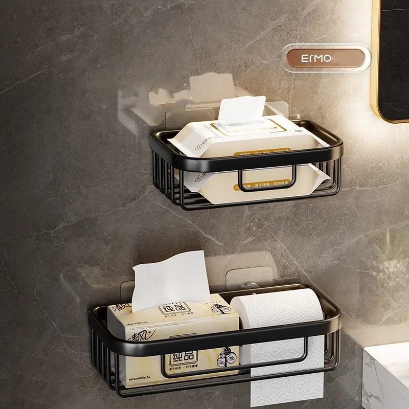 Non Perforated Wall Mounted Storage Rack, Multifunctional Square Circular Roll Out Paper Box Bath Accessories Tissue Basket