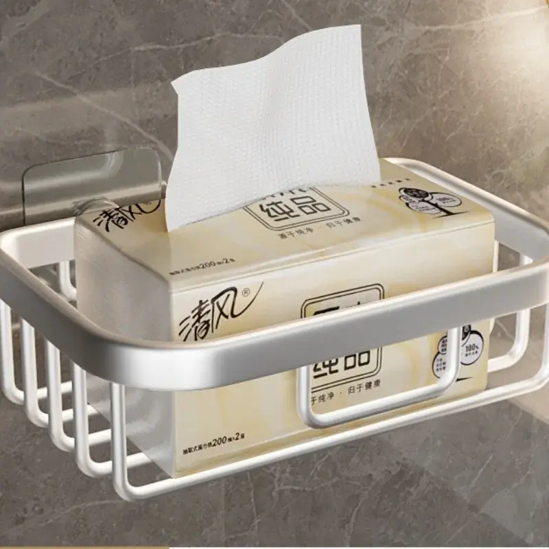 Non Perforated Wall Mounted Storage Rack, Multifunctional Square Circular Roll Out Paper Box Bath Accessories Tissue Basket