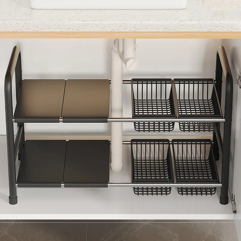 Kitchen Under Sink Adjustable Rack Multifunctional Dish Pan Snack Cookware Storage Rack Countertop Cabinet Storage Basket