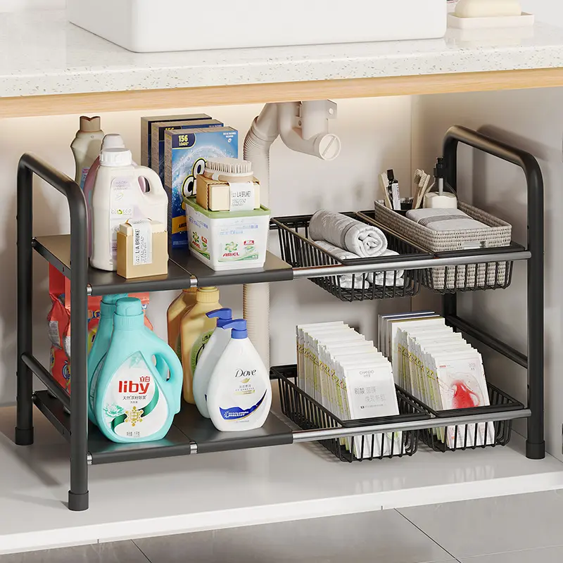 Kitchen Under Sink Adjustable Rack Multifunctional Dish Pan Snack Cookware Storage Rack Countertop Cabinet Storage Basket