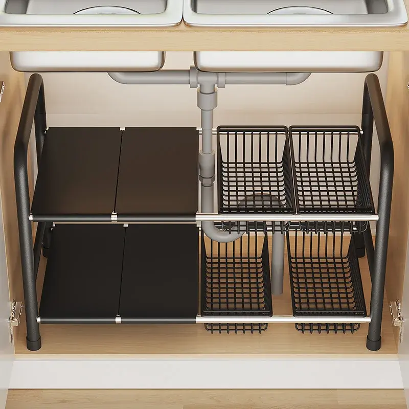 Kitchen Under Sink Adjustable Rack Multifunctional Dish Pan Snack Cookware Storage Rack Countertop Cabinet Storage Basket