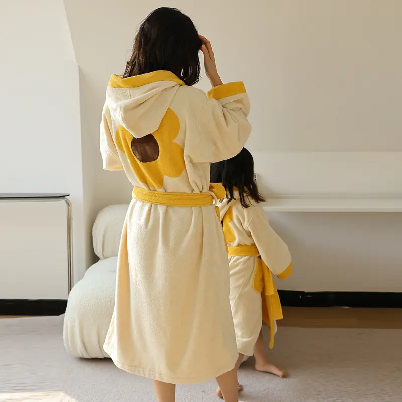 Sunflower Parent-child Bathrobe Pure Cotton Absorbent Nightgown with Hood Lace Up Children's Adult Sleepwear Loungewear