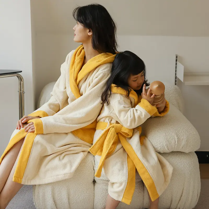 Sunflower Parent-child Bathrobe Pure Cotton Absorbent Nightgown with Hood Lace Up Children's Adult Sleepwear Loungewear