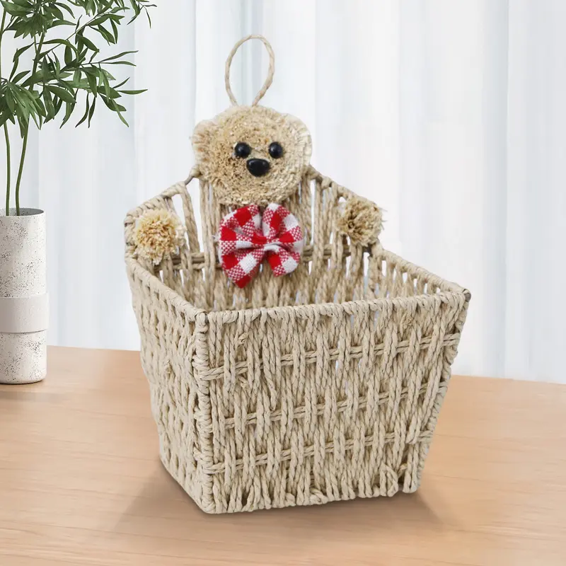 Weaving Remote Control Storage Basket, Home Cartoon Teddy Bear Hanging Basket, Rattan Weaving Miscellaneous Wall Hanging