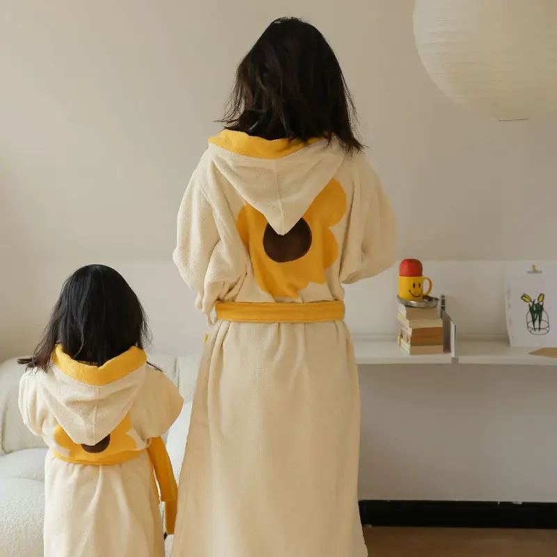 Sunflower Parent-child Bathrobe Pure Cotton Absorbent Nightgown with Hood Lace Up Children's Adult Sleepwear Loungewear