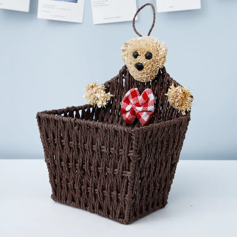 Weaving Remote Control Storage Basket, Home Cartoon Teddy Bear Hanging Basket, Rattan Weaving Miscellaneous Wall Hanging