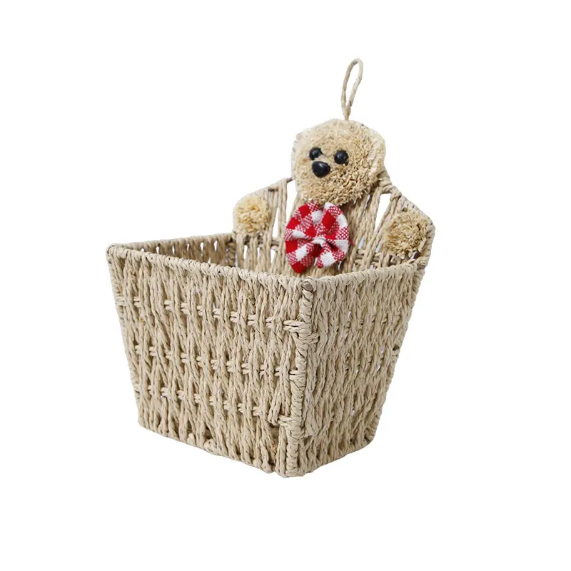 Weaving Remote Control Storage Basket, Home Cartoon Teddy Bear Hanging Basket, Rattan Weaving Miscellaneous Wall Hanging