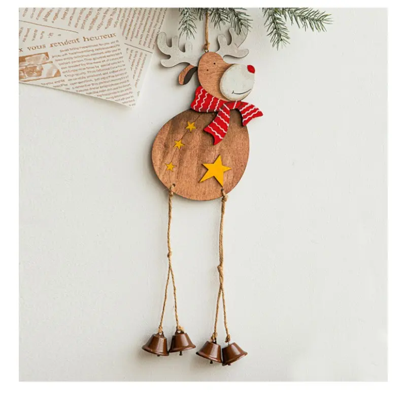 Christmas Wooden Elk With Metal Bells Pendant Christmas Tree Decoration Xmas Party Atmosphere Hanging Ornament New Year Gift