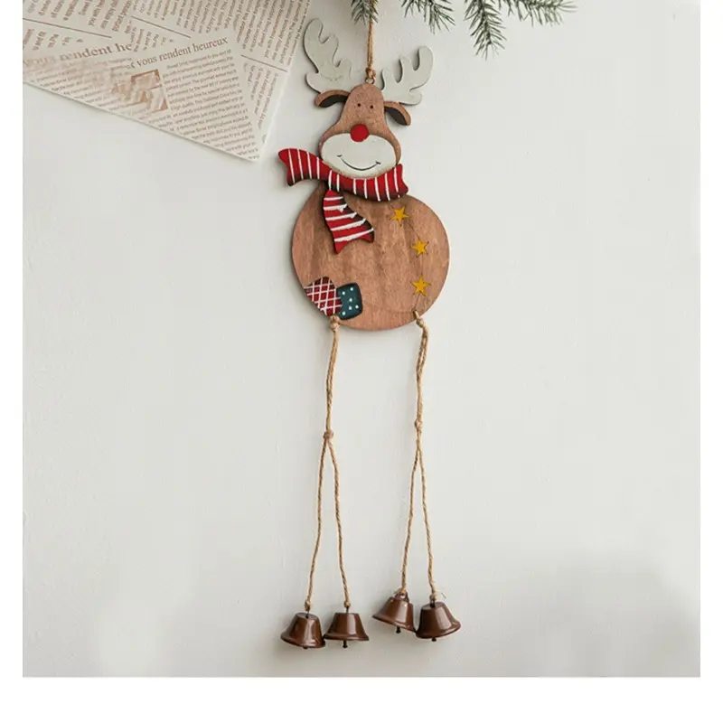 Christmas Wooden Elk With Metal Bells Pendant Christmas Tree Decoration Xmas Party Atmosphere Hanging Ornament New Year Gift