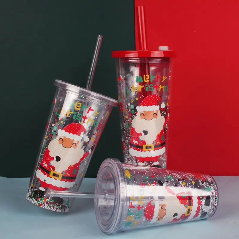 Christmas Gift Water Cup 550ml Double-layer Plastic Straw Cup Creative Glitter Summer Ice Cup for Students Drinkware