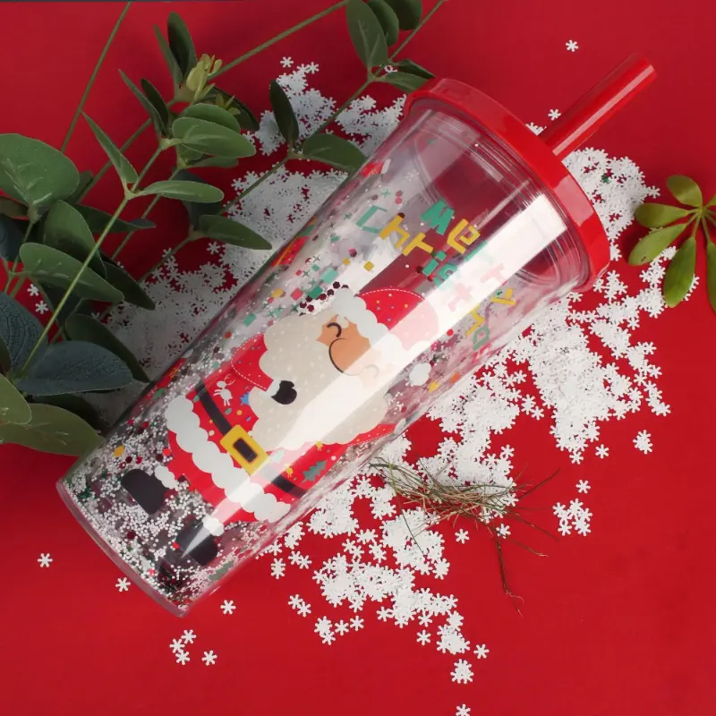 Christmas Gift Water Cup 550ml Double-layer Plastic Straw Cup Creative Glitter Summer Ice Cup for Students Drinkware
