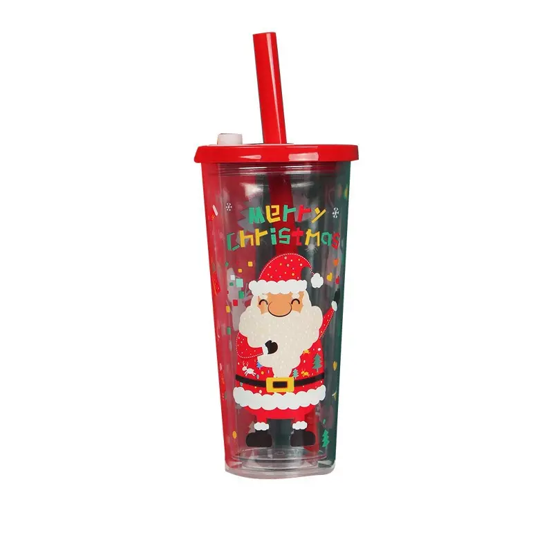 Christmas Gift Water Cup 550ml Double-layer Plastic Straw Cup Creative Glitter Summer Ice Cup for Students Drinkware
