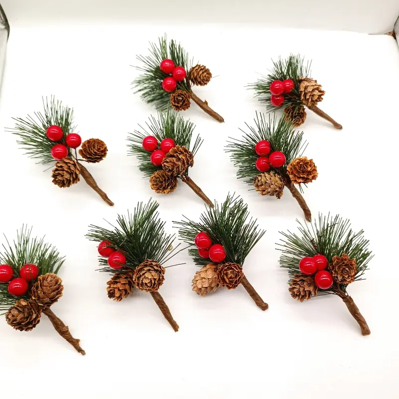10PCS Artificial Christmas Red Berry Branch Snowflake Pine Needle Pine Cone Branches For Xmas DIY Wreath Supplies Noel Decoraton