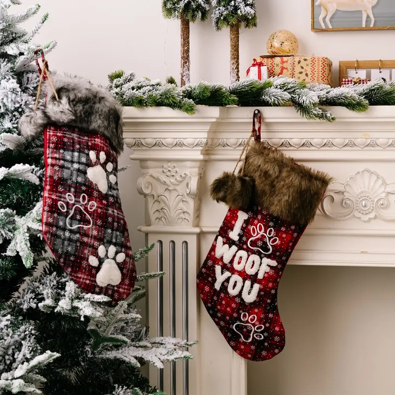 Dog Christmas Ornaments Socks Pendants XMAS Fur Collar Lattice Socks Christmas Tree Decorations Navidad 2024 Wholesale