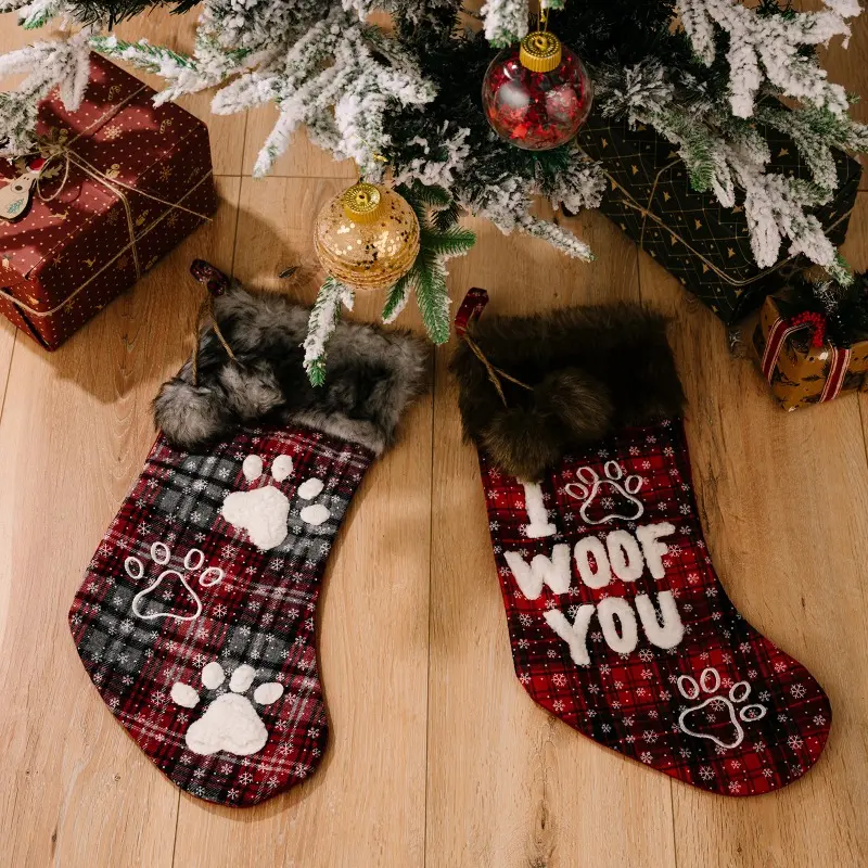 Dog Christmas Ornaments Socks Pendants XMAS Fur Collar Lattice Socks Christmas Tree Decorations Navidad 2024 Wholesale