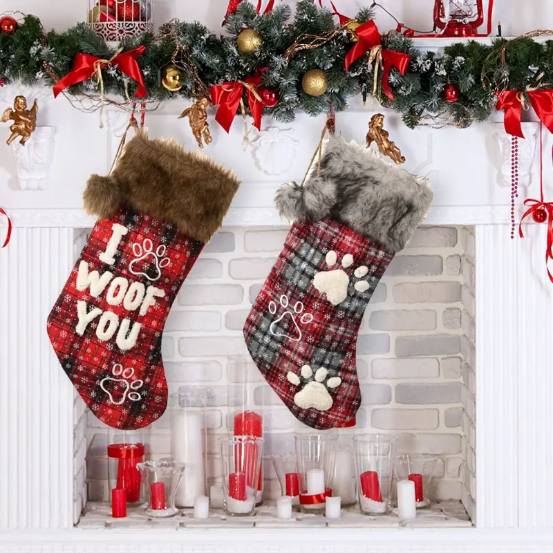 Dog Christmas Ornaments Socks Pendants XMAS Fur Collar Lattice Socks Christmas Tree Decorations Navidad 2024 Wholesale
