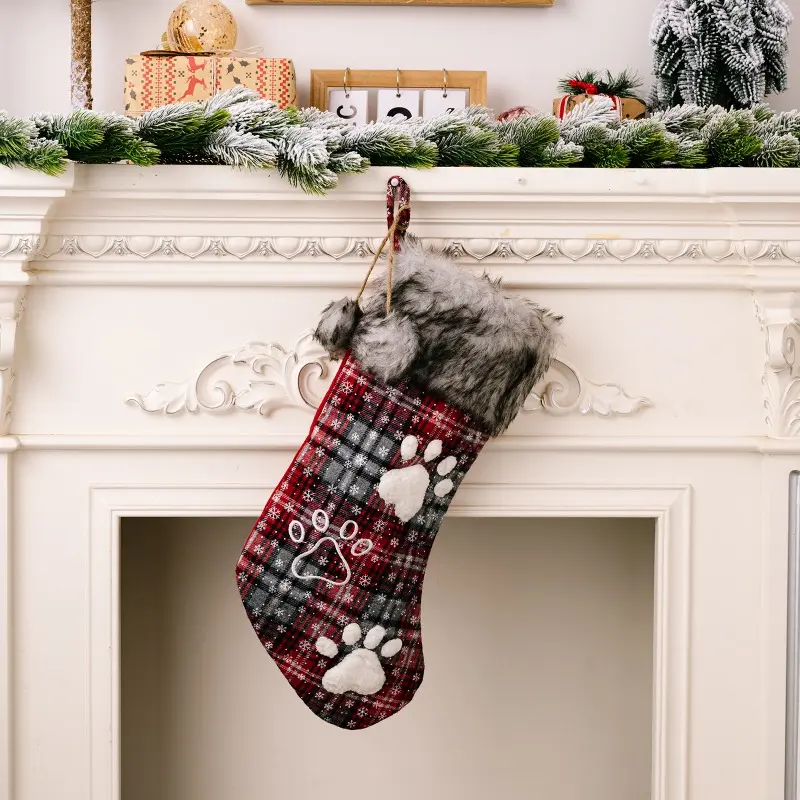 Dog Christmas Ornaments Socks Pendants XMAS Fur Collar Lattice Socks Christmas Tree Decorations Navidad 2024 Wholesale