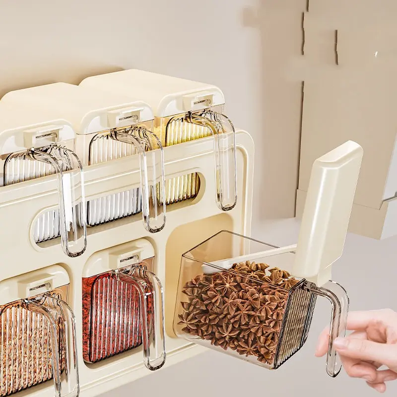 Household Plastic Wall Mounted Seasoning Box No Punching Waterproof Spice Rack with Spoons Moisture-proof Condiment Storage