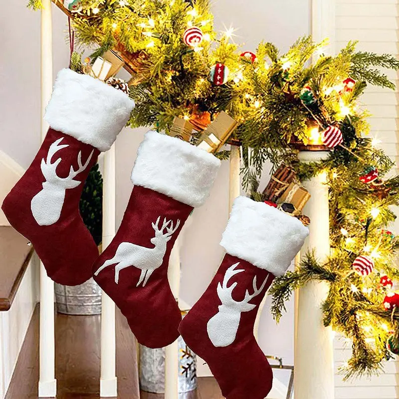 Christmas Stocking Xmas Snowflake Elk Deer Stockings Soft Plush Faux Fur Cuffs Gift Bag for Stairs Fireplace Hanging Home Decor